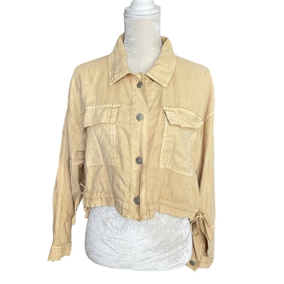 Forever 21 Cropped Drawstring Twill Jacket Size M Button Front Light Yellow - Picture 4 of 11